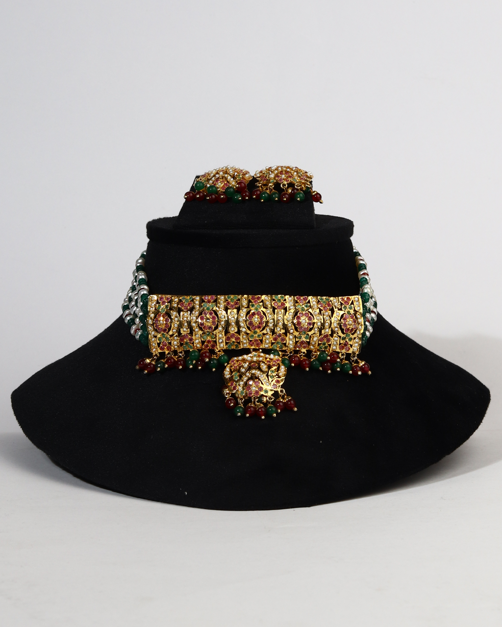 Heirloom Jadau Choker Set: Natural Ruby, Emerald & Freshwater Pearl (Gold Plated)