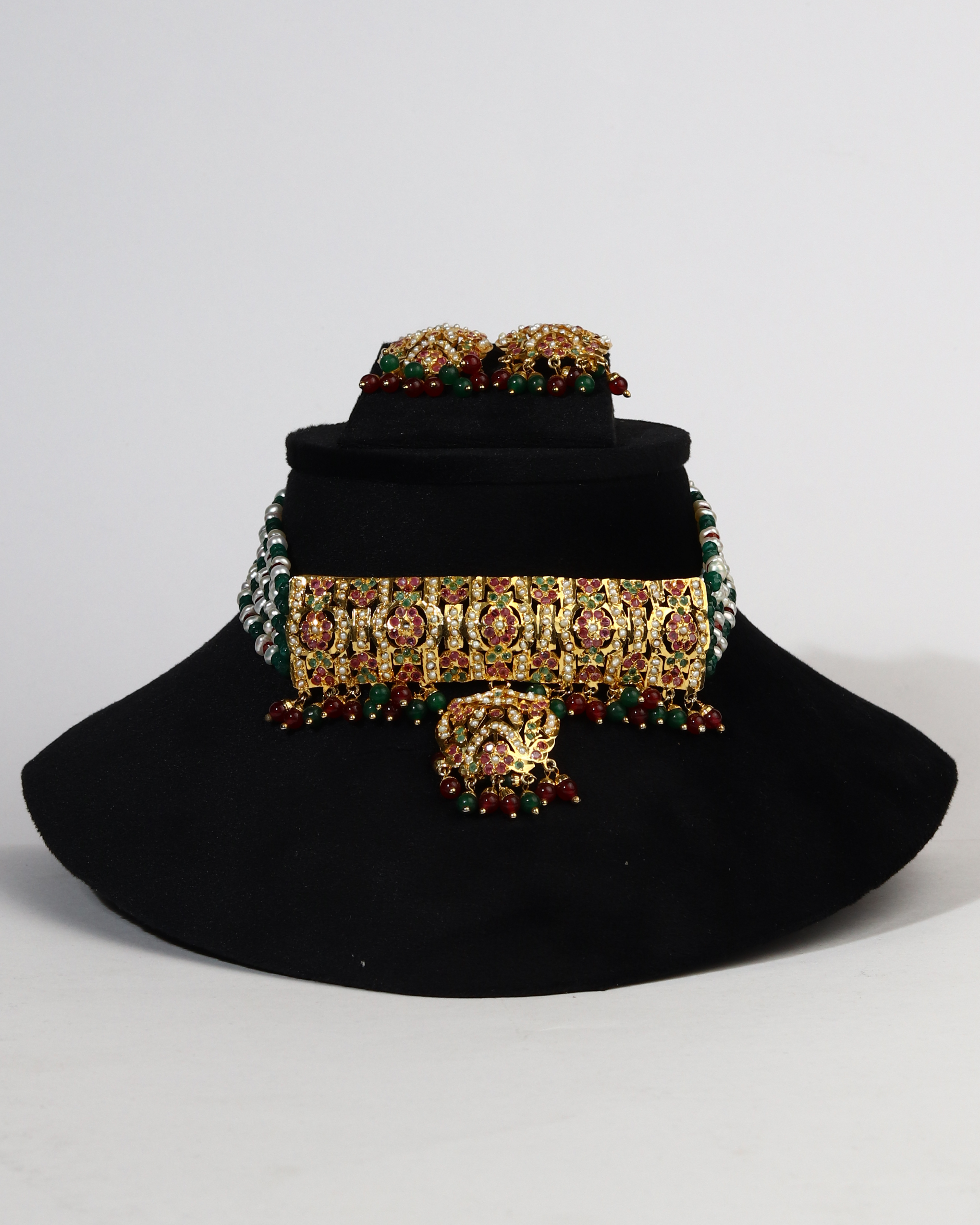 Heirloom Jadau Choker Set: Natural Ruby, Emerald & Freshwater Pearl (Gold Plated)