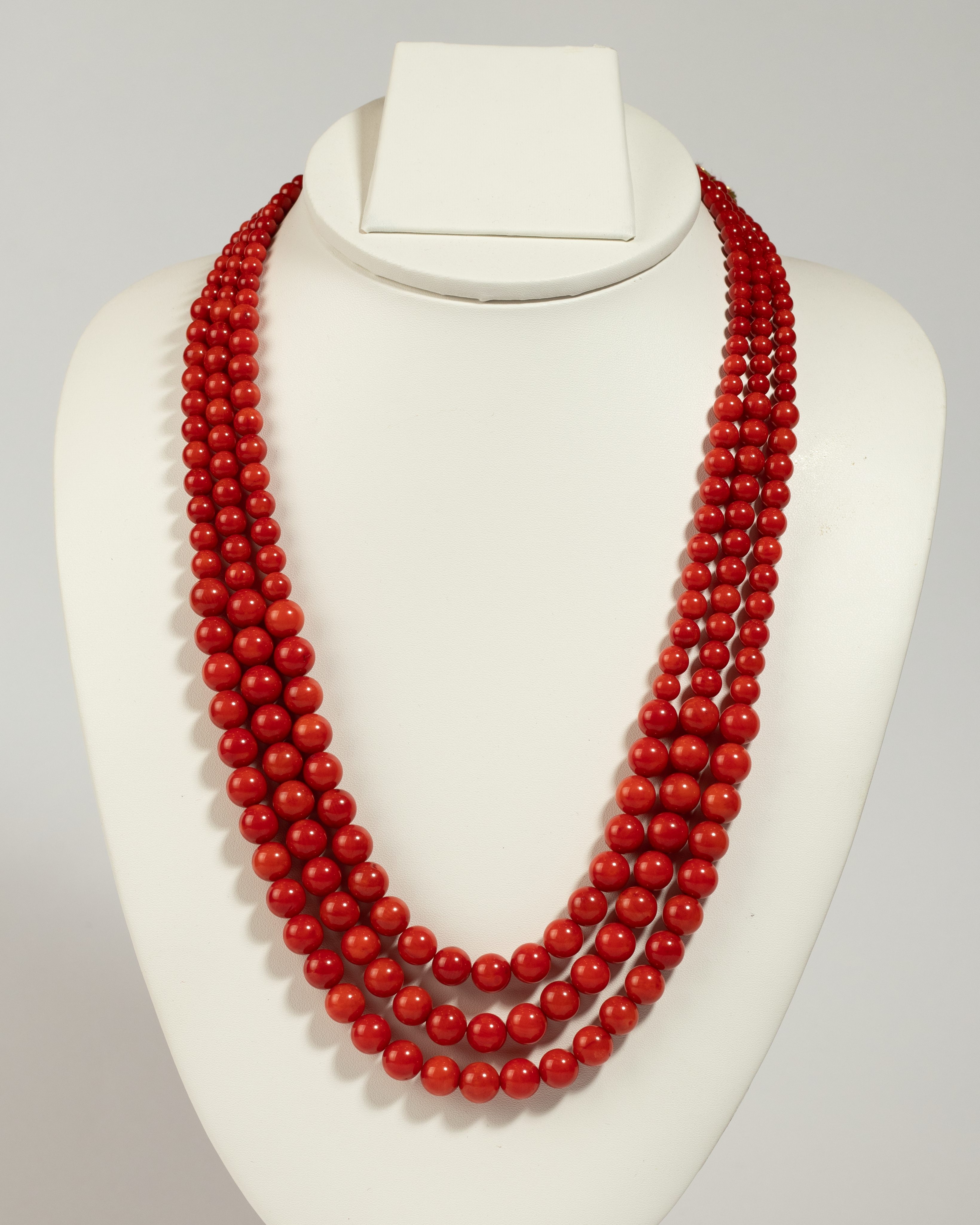 Vibrant Triple-Strand Natural Red Coral (Moonga) Graduated Necklace