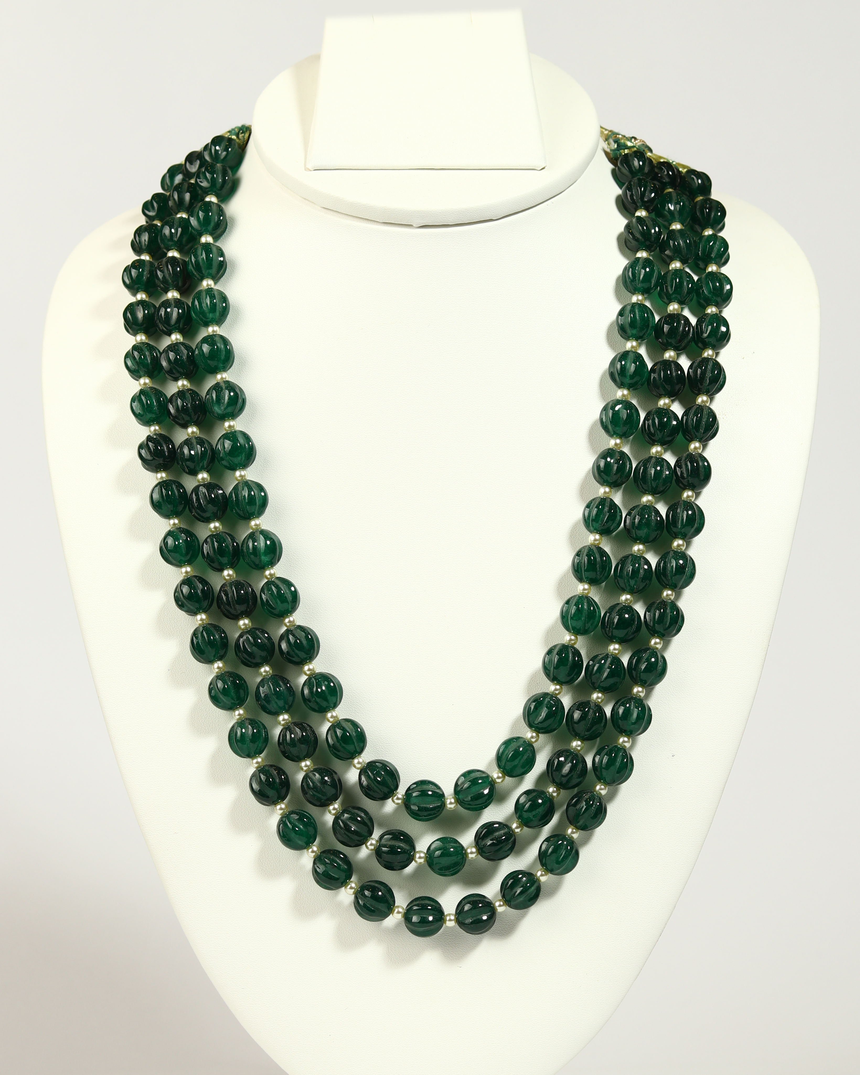 Regal Triple-Strand Green Semiprecious Pumpkin-Cut Necklace with Shell Pearls