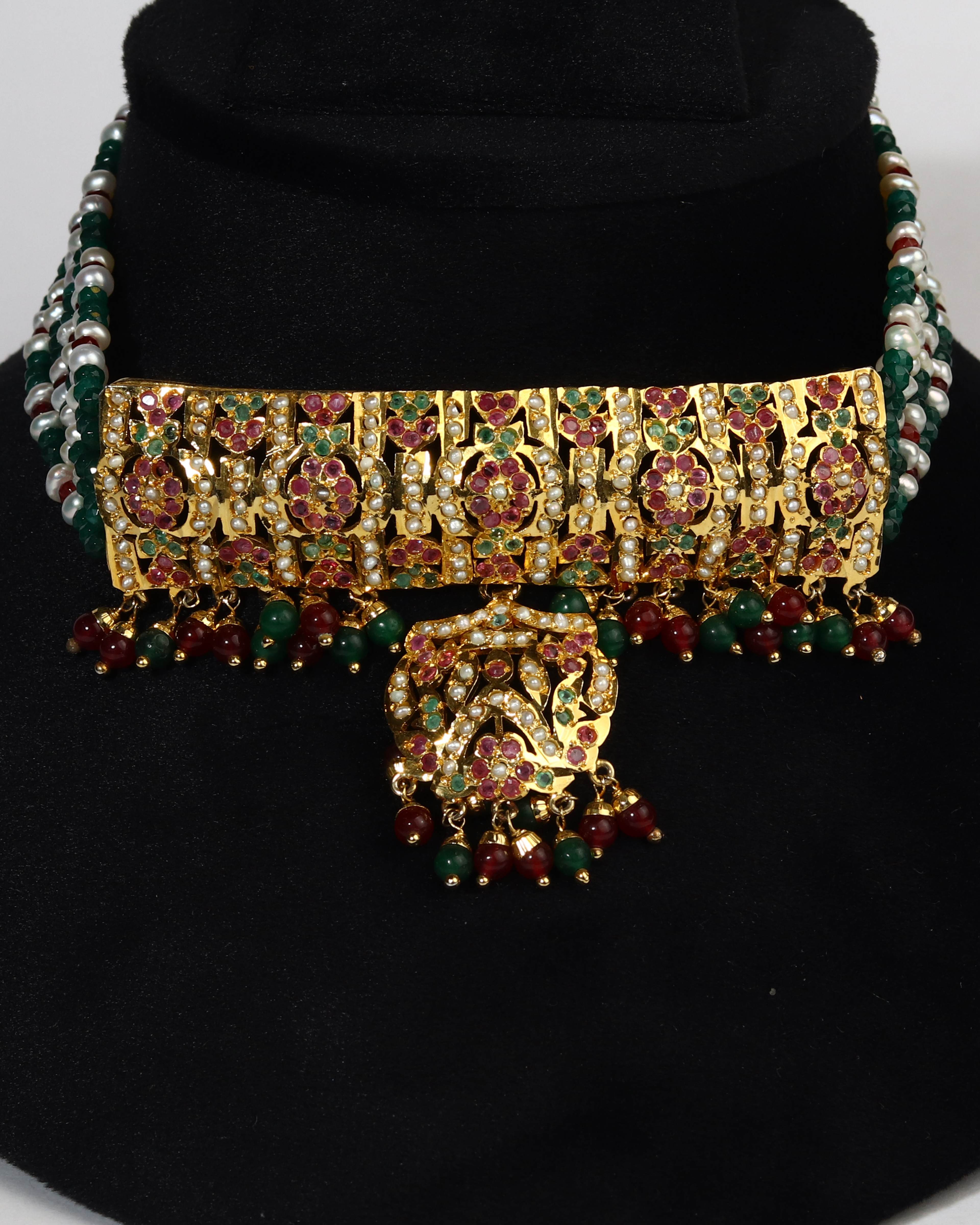 Heirloom Jadau Choker Set: Natural Ruby, Emerald & Freshwater Pearl (Gold Plated)