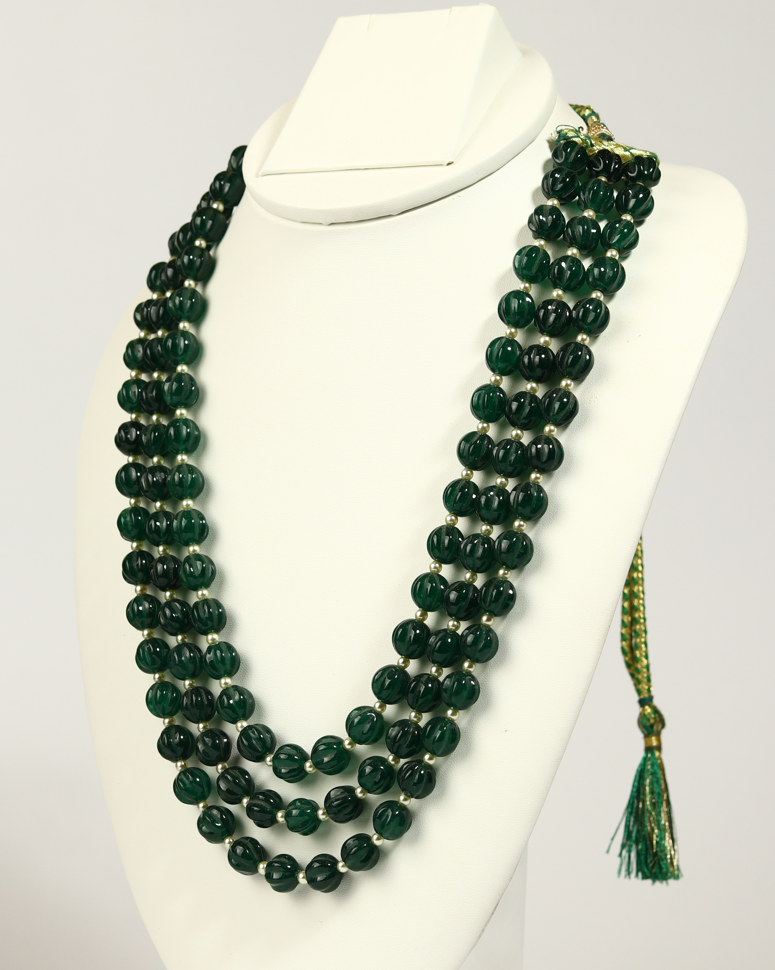 Regal Triple-Strand Green Semiprecious Pumpkin-Cut Necklace with Shell Pearls