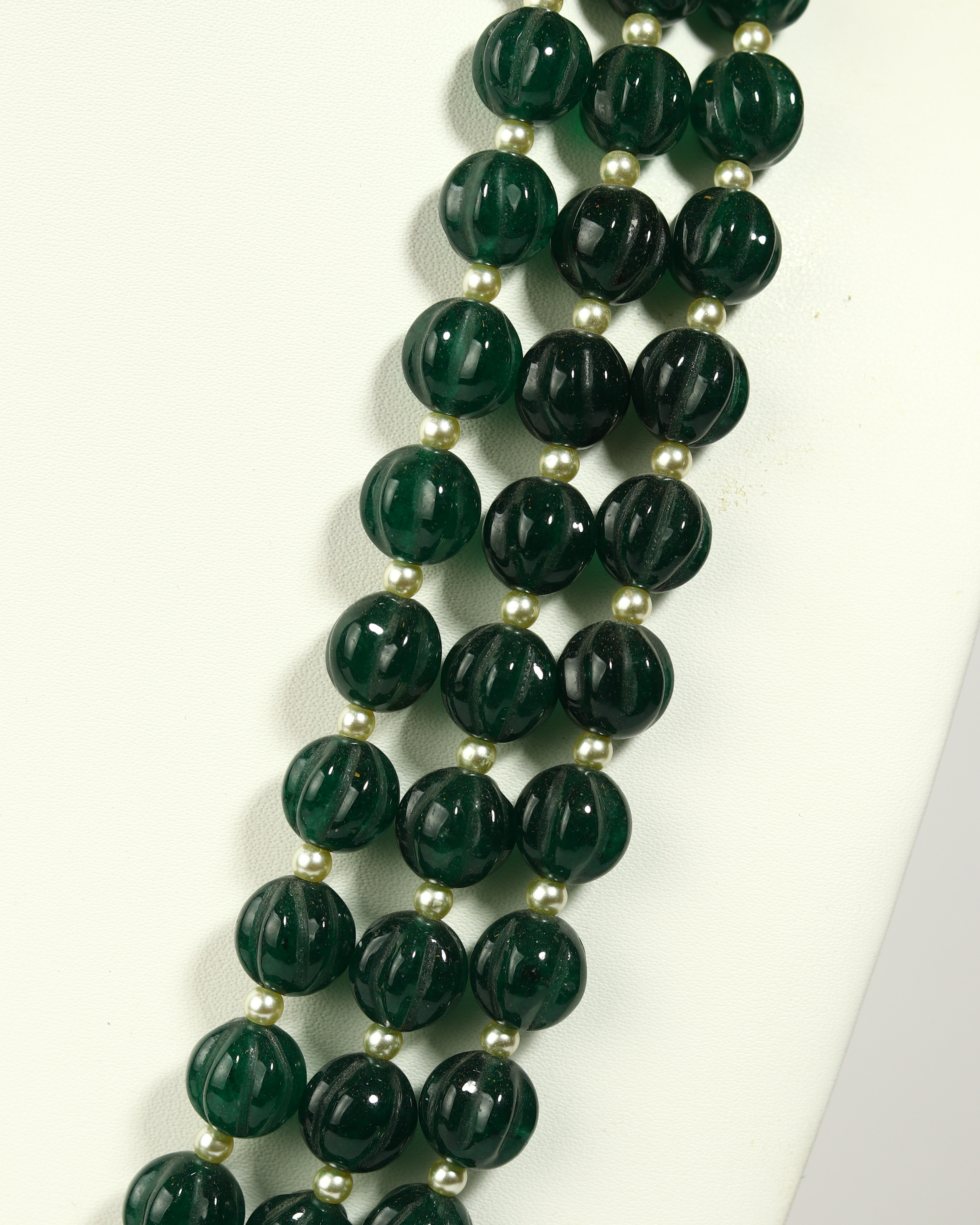 Regal Triple-Strand Green Semiprecious Pumpkin-Cut Necklace with Shell Pearls