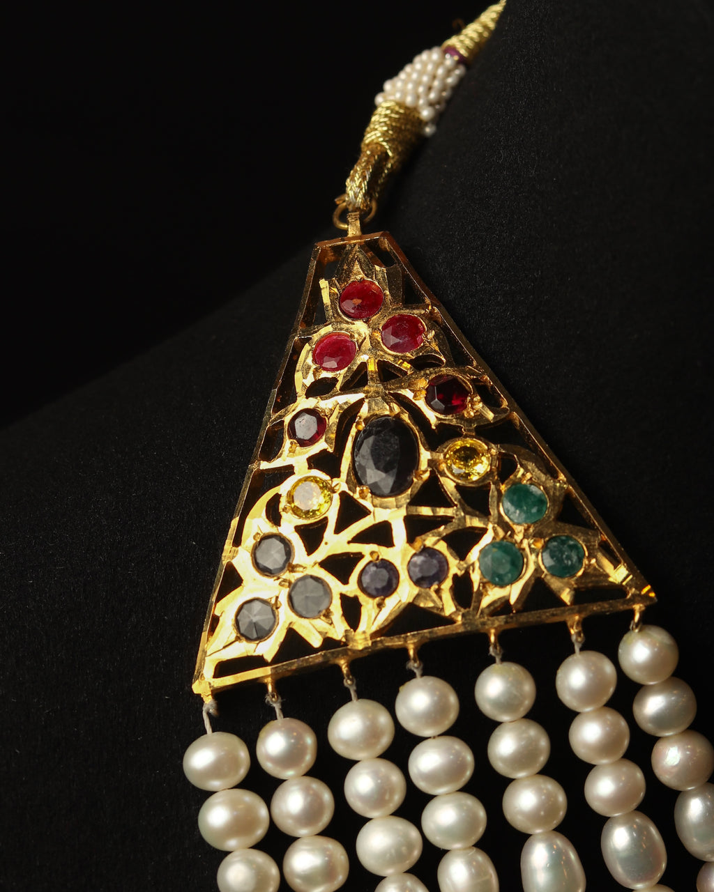 Authentic Nizami Satlada Necklace (Rani Haar) – Multi-Layered Pearl & Raw Mint Emerald Bridal Jewellery