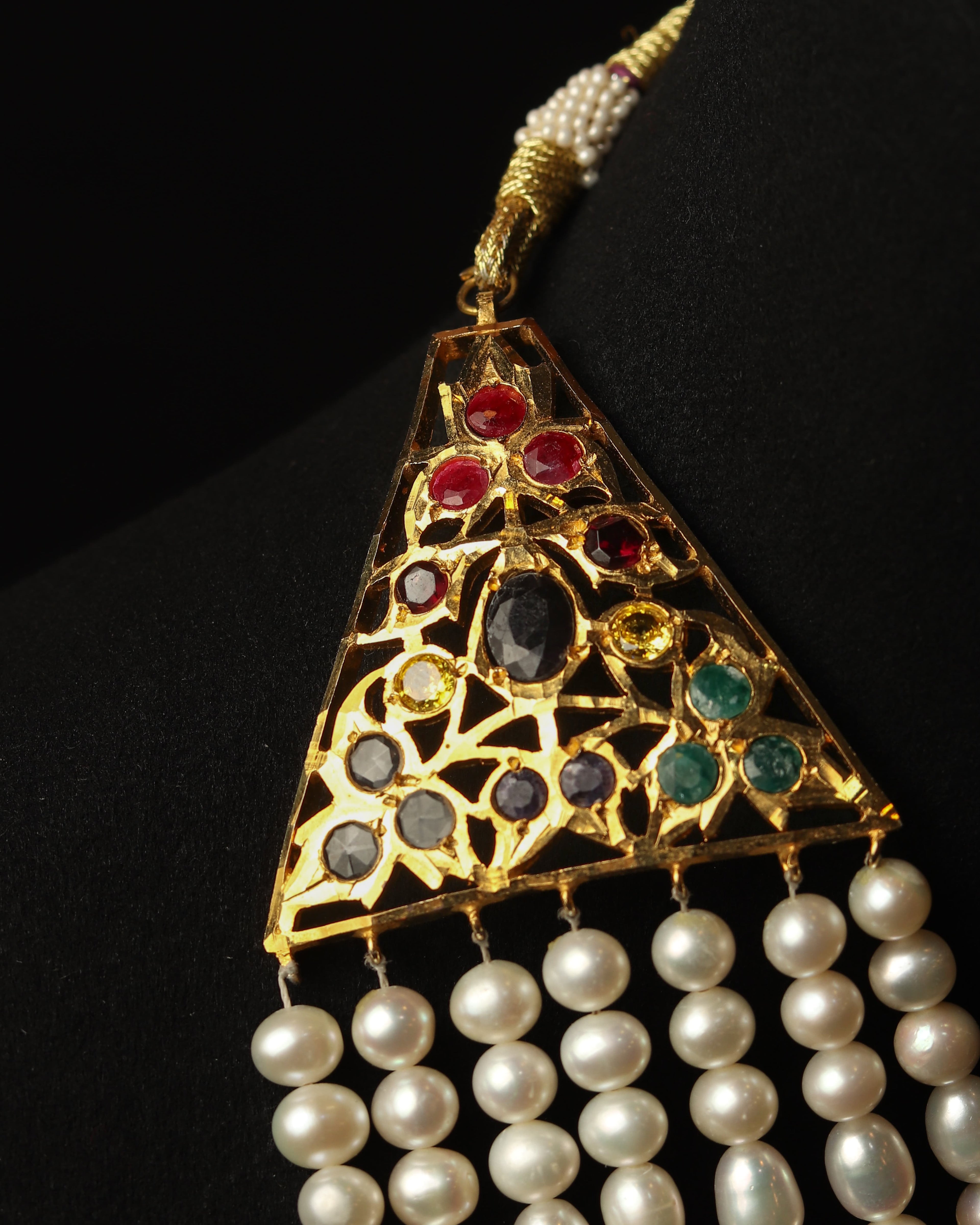 Authentic Nizami Satlada Necklace (Rani Haar) – Multi-Layered Pearl & Raw Mint Emerald Bridal Jewellery