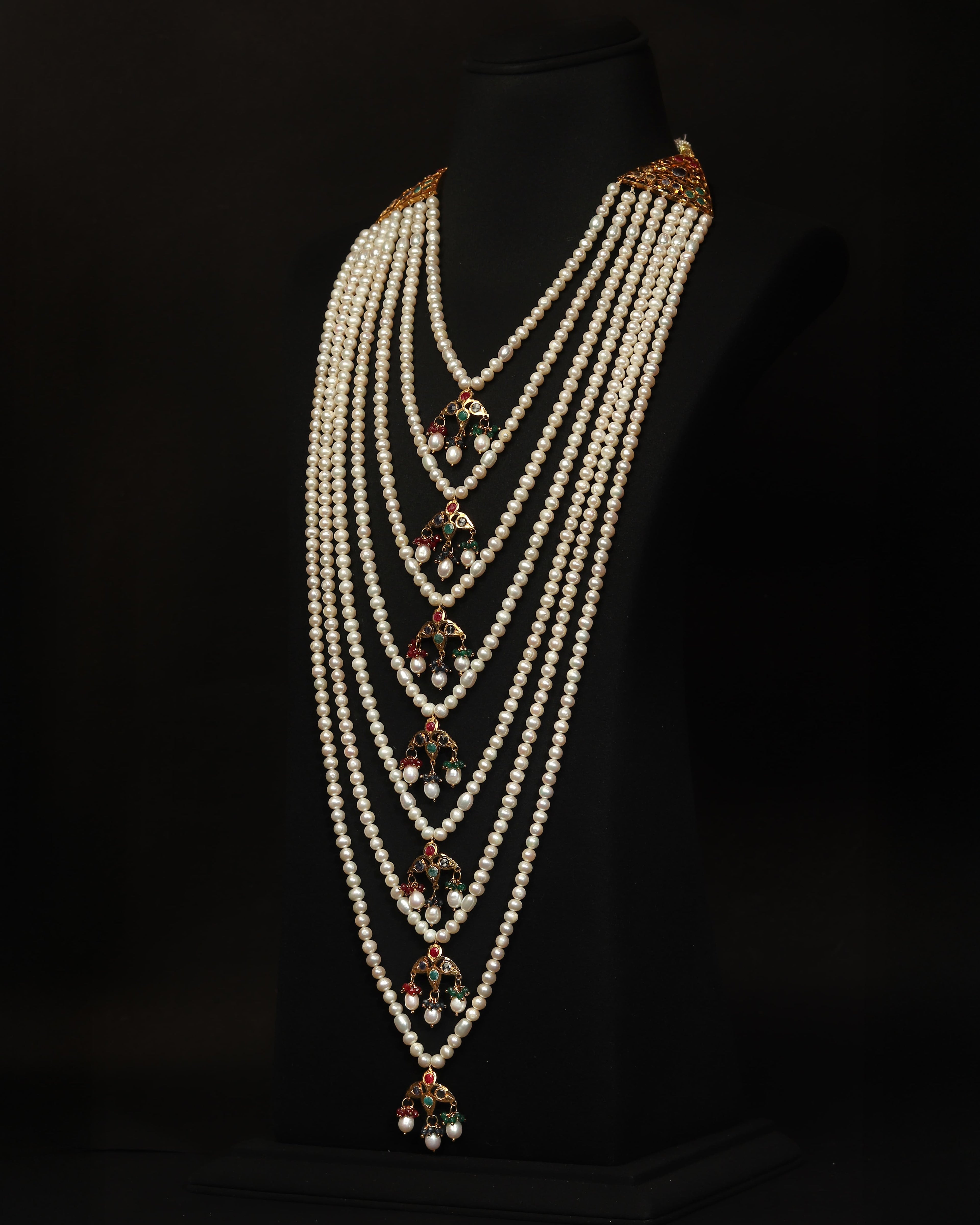 Authentic Nizami Satlada Necklace (Rani Haar) – Multi-Layered Pearl & Raw Mint Emerald Bridal Jewellery