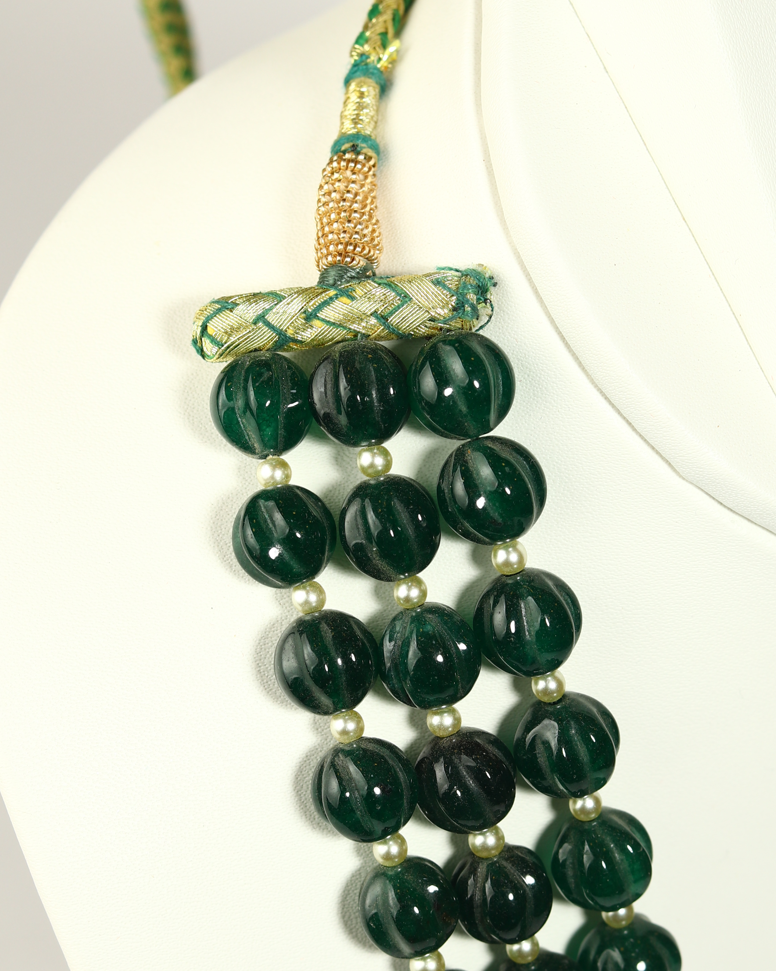 Regal Triple-Strand Green Semiprecious Pumpkin-Cut Necklace with Shell Pearls