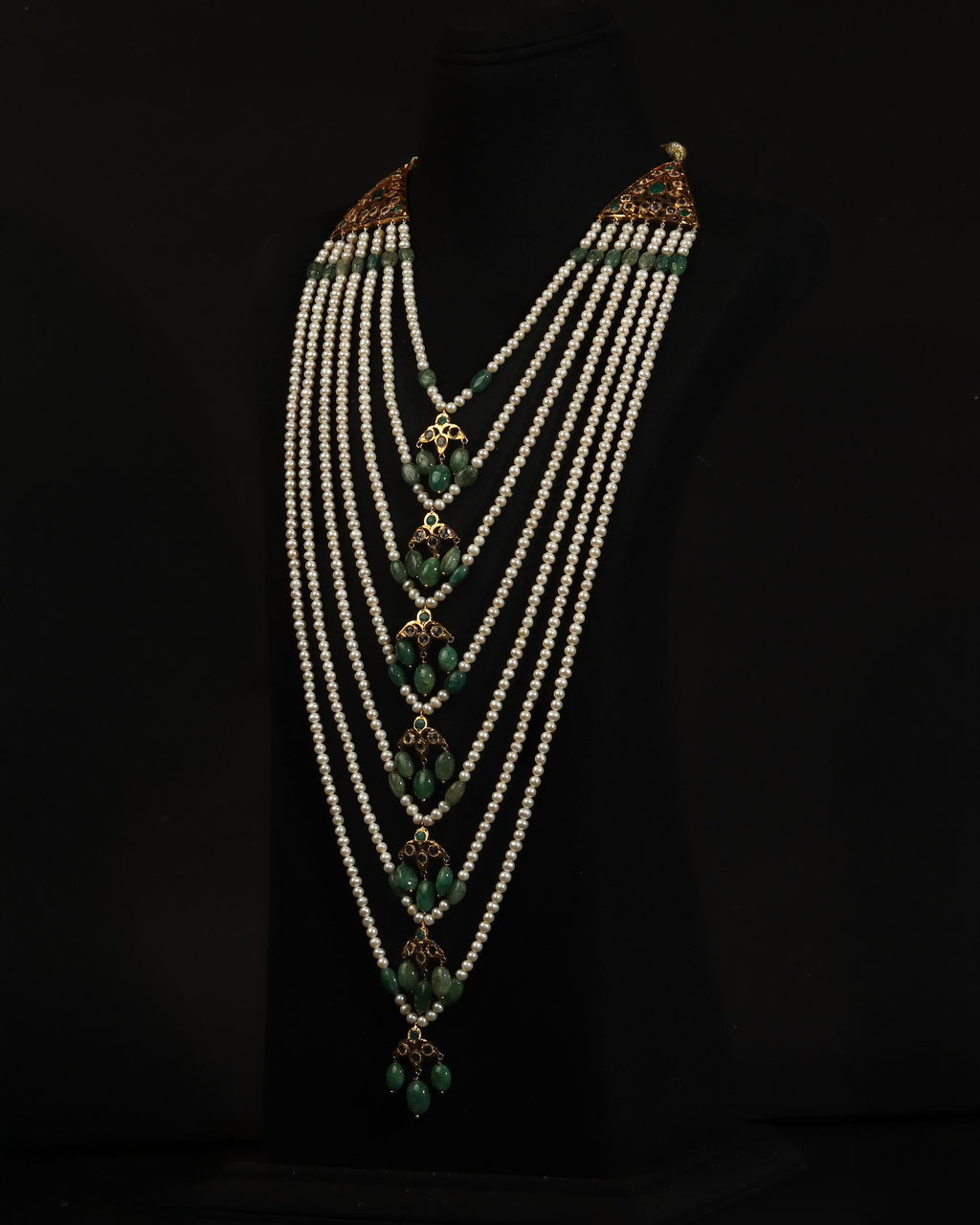 Luxury 7-Layer Satlada Necklace & Earring Set – Traditional Pearl & Deep Emerald Green Nizami Bridal Jewellery