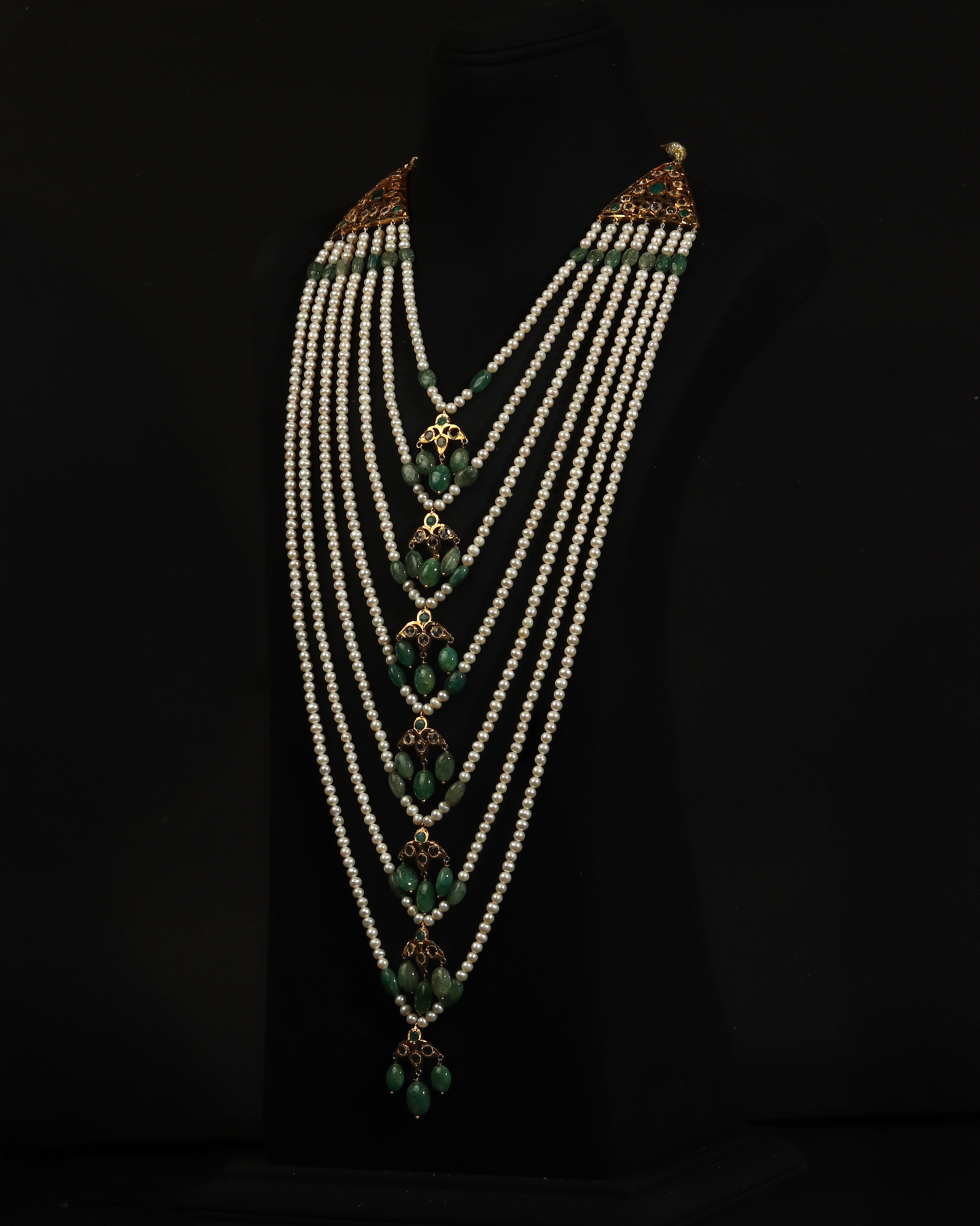 Luxury 7-Layer Satlada Necklace & Earring Set – Traditional Pearl & Deep Emerald Green Nizami Bridal Jewellery