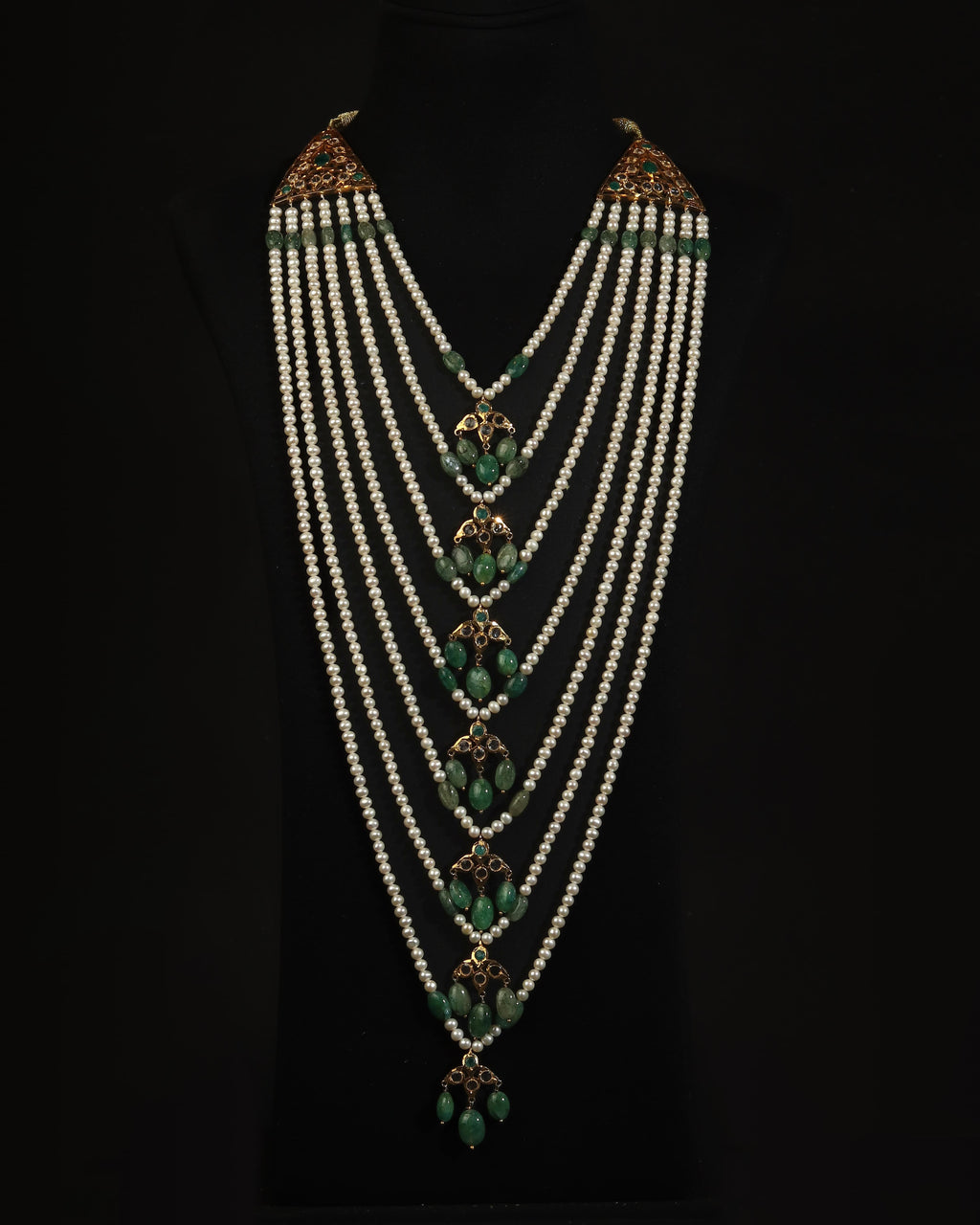 Luxury 7-Layer Satlada Necklace & Earring Set – Traditional Pearl & Deep Emerald Green Nizami Bridal Jewellery