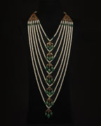 Luxury 7-Layer Satlada Necklace & Earring Set – Traditional Pearl & Deep Emerald Green Nizami Bridal Jewellery