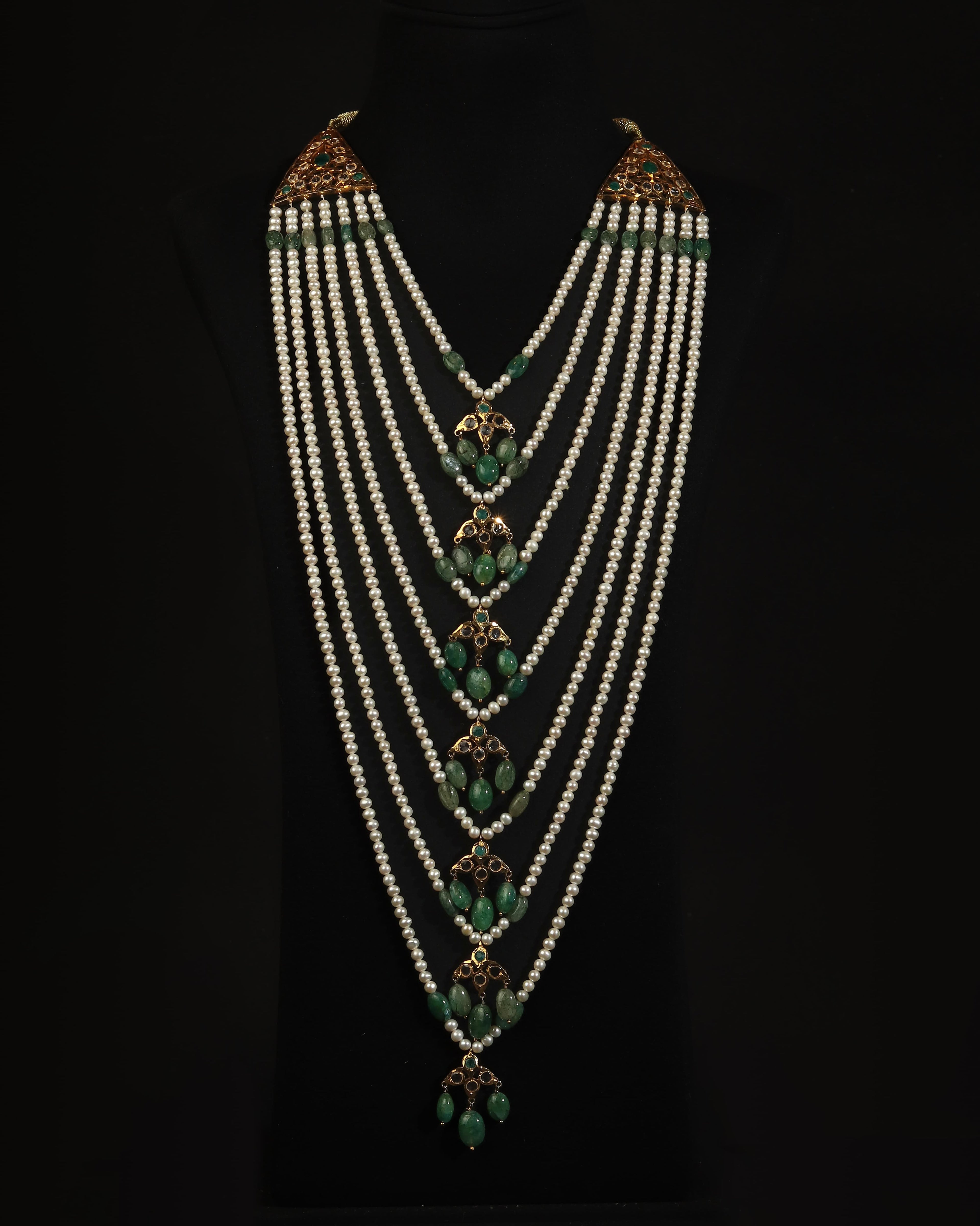 Luxury 7-Layer Satlada Necklace & Earring Set – Traditional Pearl & Deep Emerald Green Nizami Bridal Jewellery