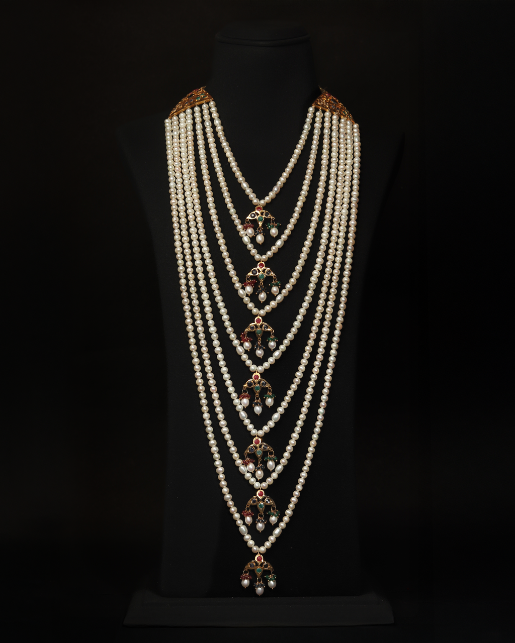 Authentic Nizami Satlada Necklace (Rani Haar) – Multi-Layered Pearl & Raw Mint Emerald Bridal Jewellery