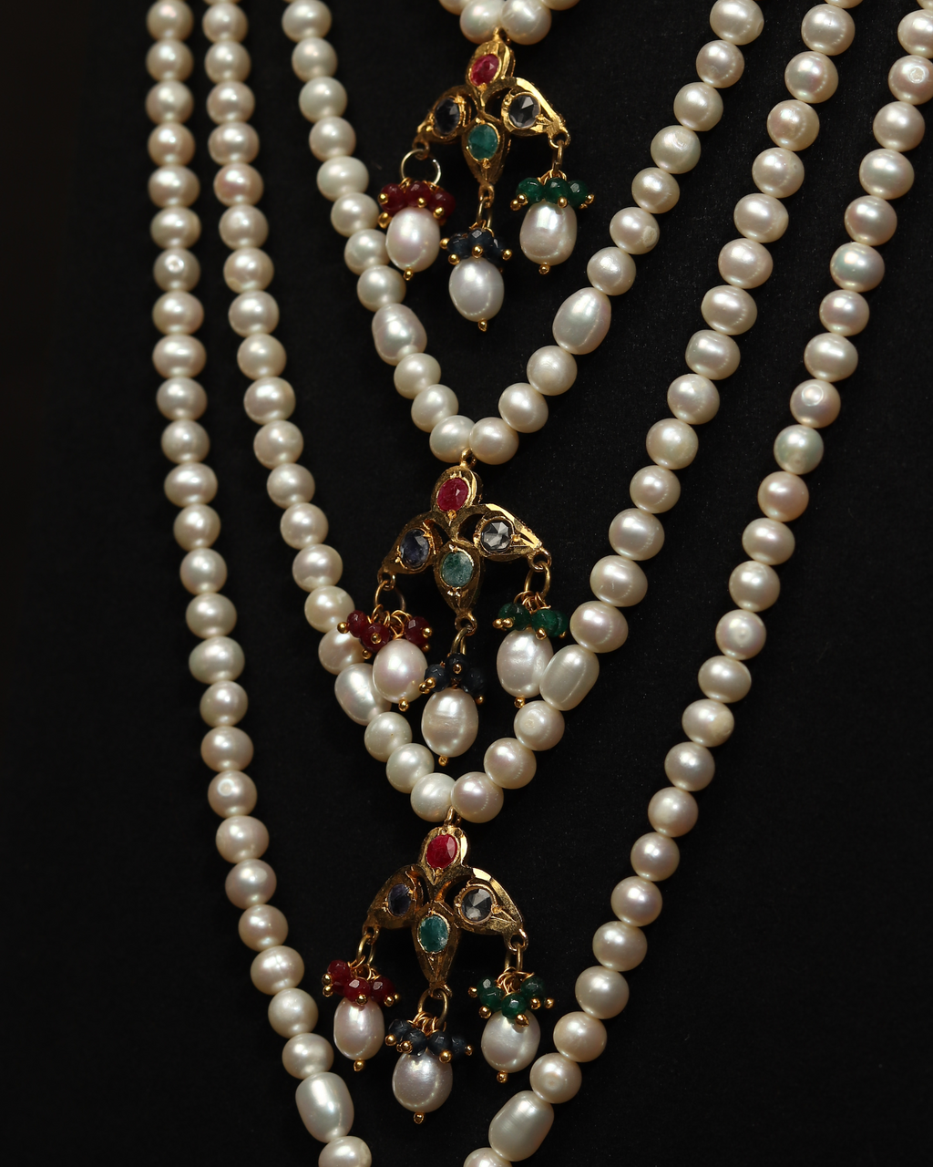 Authentic Nizami Satlada Necklace (Rani Haar) – Multi-Layered Pearl & Raw Mint Emerald Bridal Jewellery