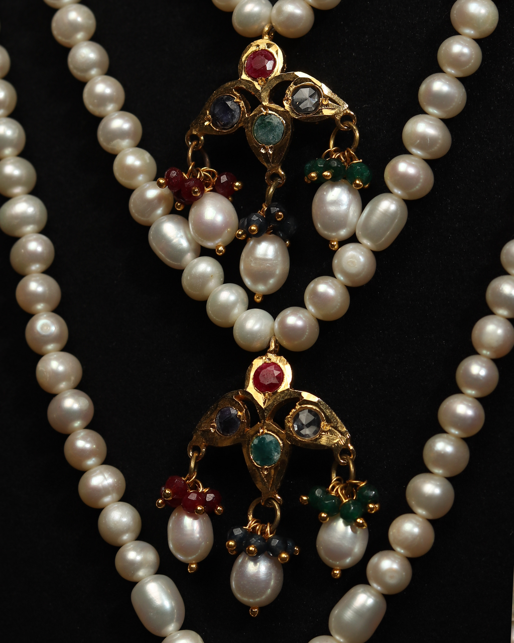 Authentic Nizami Satlada Necklace (Rani Haar) – Multi-Layered Pearl & Raw Mint Emerald Bridal Jewellery