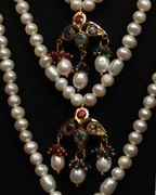 Authentic Nizami Satlada Necklace (Rani Haar) – Multi-Layered Pearl & Raw Mint Emerald Bridal Jewellery