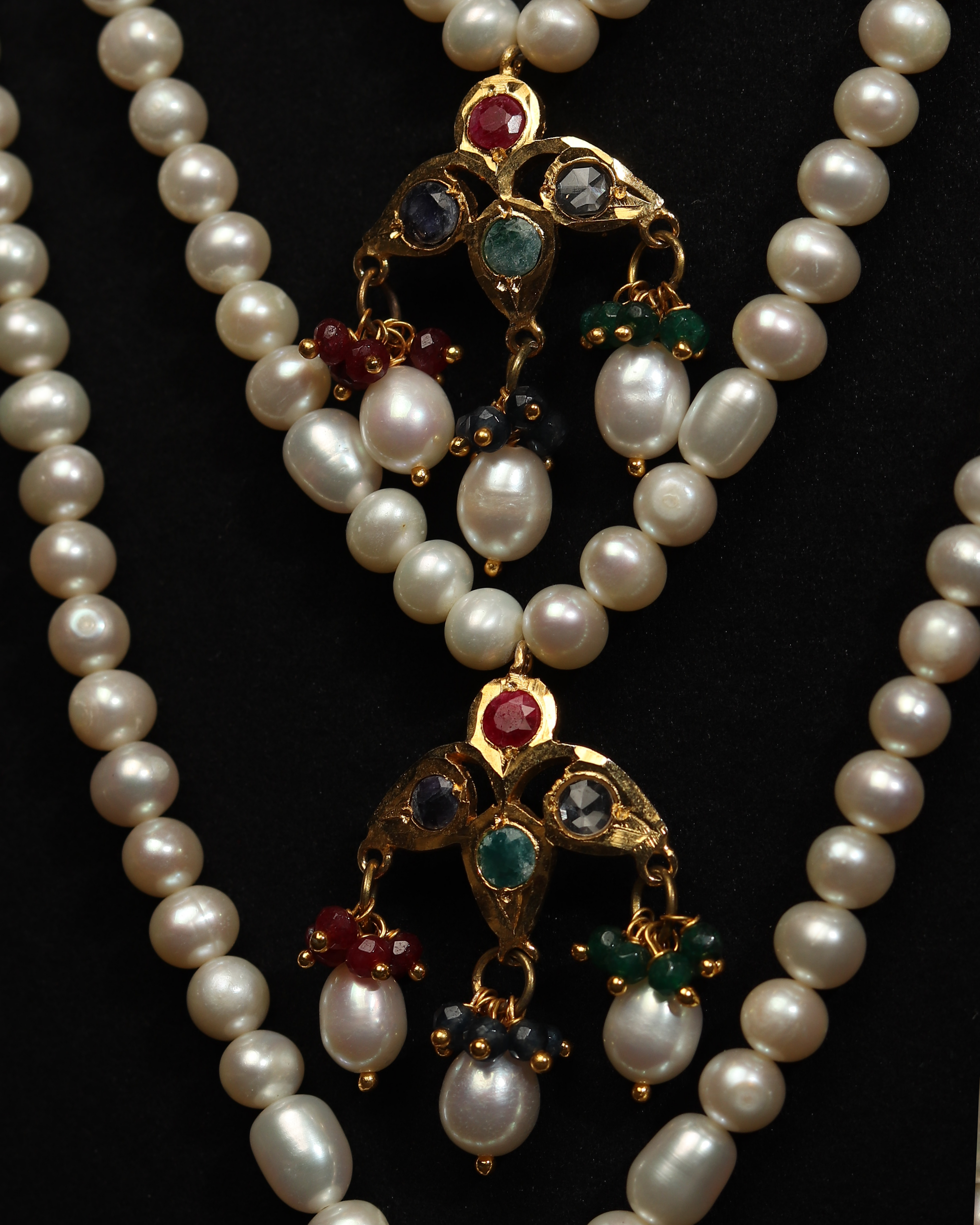 Authentic Nizami Satlada Necklace (Rani Haar) – Multi-Layered Pearl & Raw Mint Emerald Bridal Jewellery