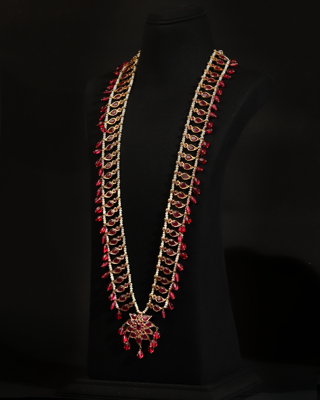 Regal Pathani Style Long Necklace & Earrings – Traditional Ruby Red Onyx & Real Pearl Bridal Set (Single Layer)