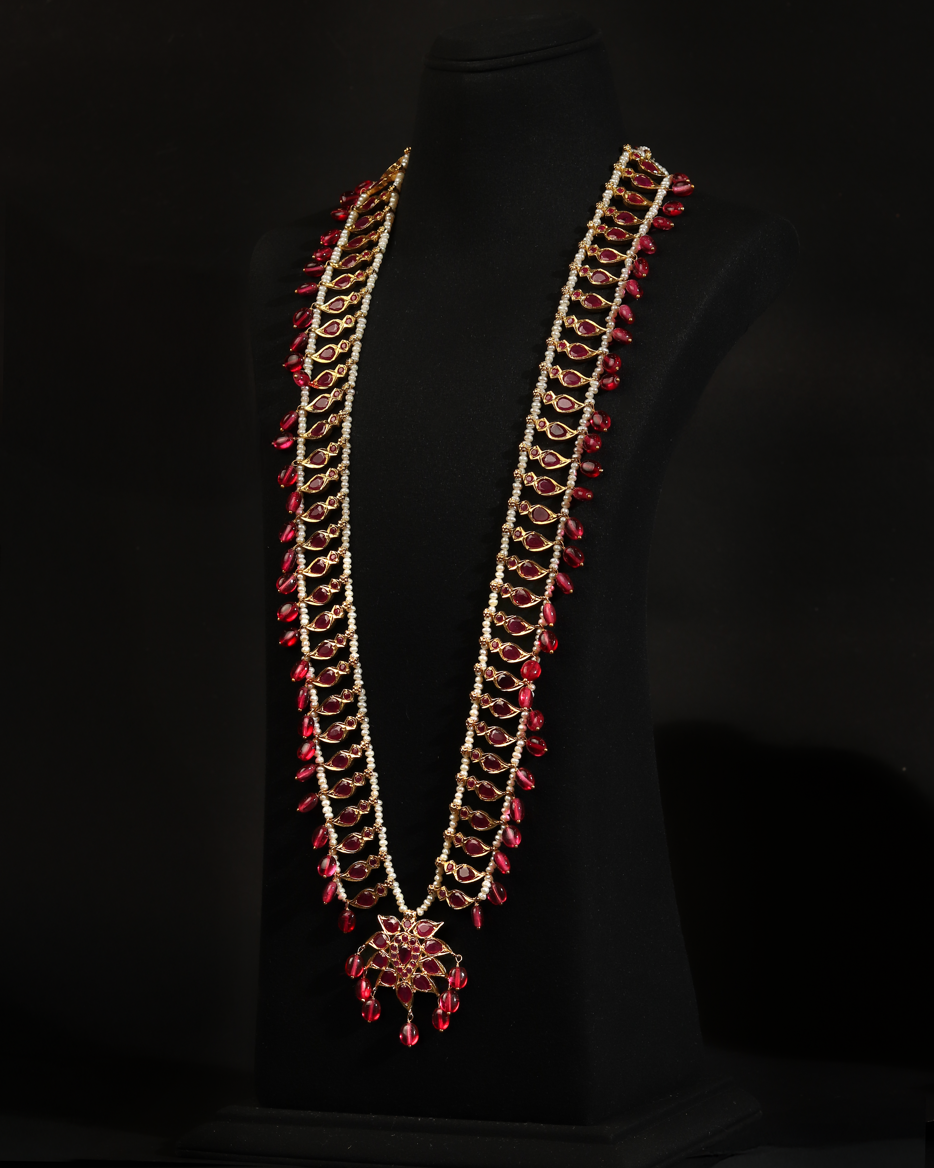 Regal Pathani Style Long Necklace & Earrings – Traditional Ruby Red Onyx & Real Pearl Bridal Set (Single Layer)