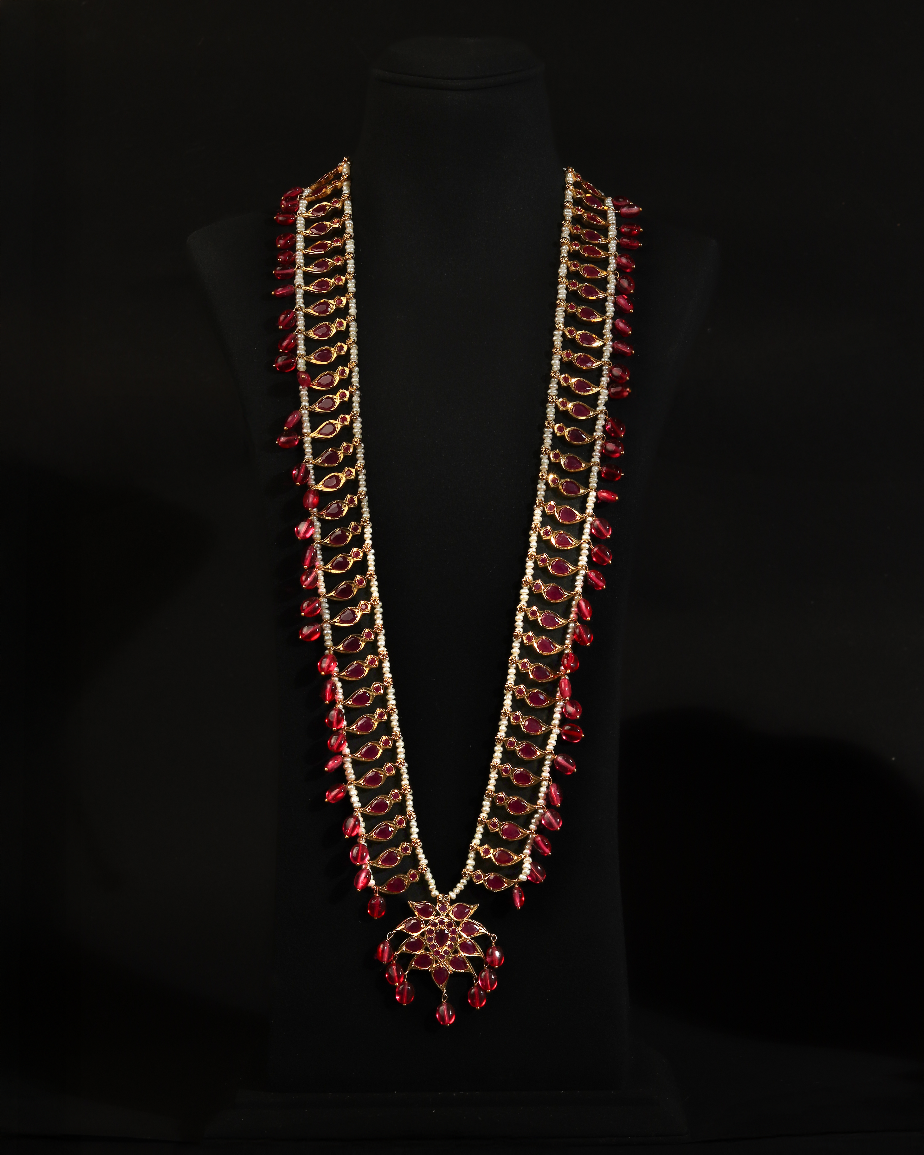 Regal Pathani Style Long Necklace & Earrings – Traditional Ruby Red Onyx & Real Pearl Bridal Set (Single Layer)