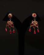 Regal Pathani Style Long Necklace & Earrings – Traditional Ruby Red Onyx & Real Pearl Bridal Set (Single Layer)