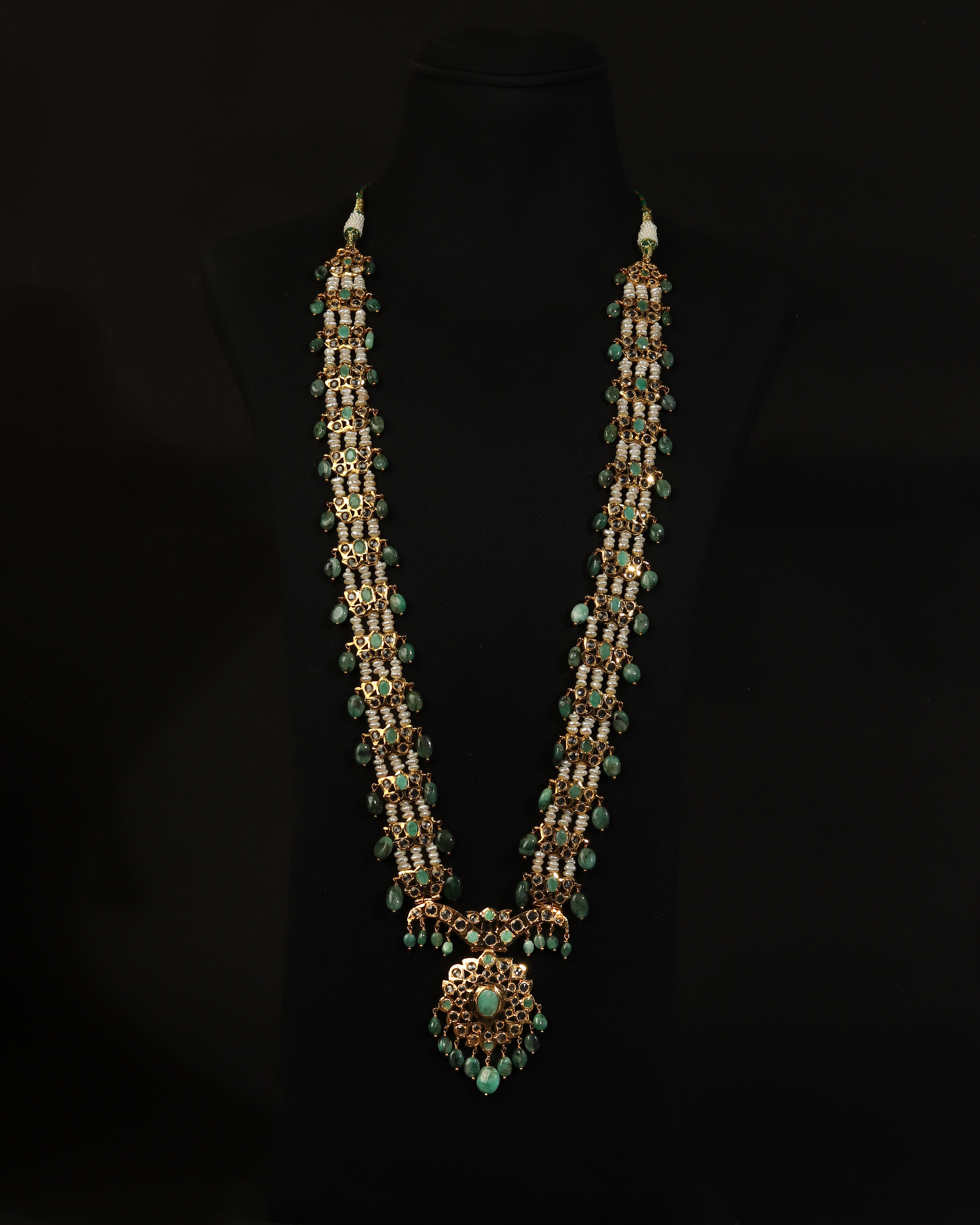 Authentic Asif Jahi Haar & Earring Set – Antique Style Raw Emerald, Pearl, and Polki Grand Necklace