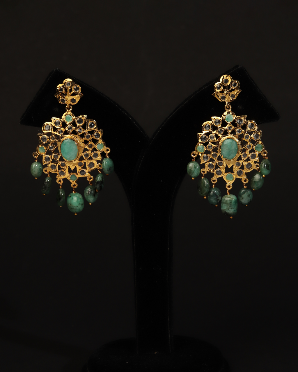 Authentic Asif Jahi Haar & Earring Set – Antique Style Raw Emerald, Pearl, and Polki Grand Necklace