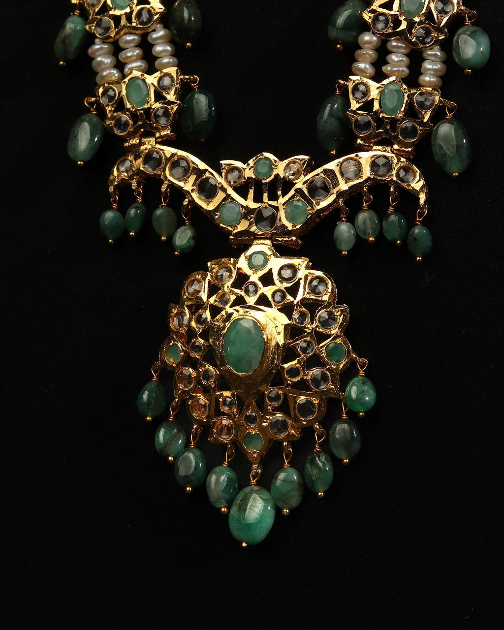 Authentic Asif Jahi Haar & Earring Set – Antique Style Raw Emerald, Pearl, and Polki Grand Necklace