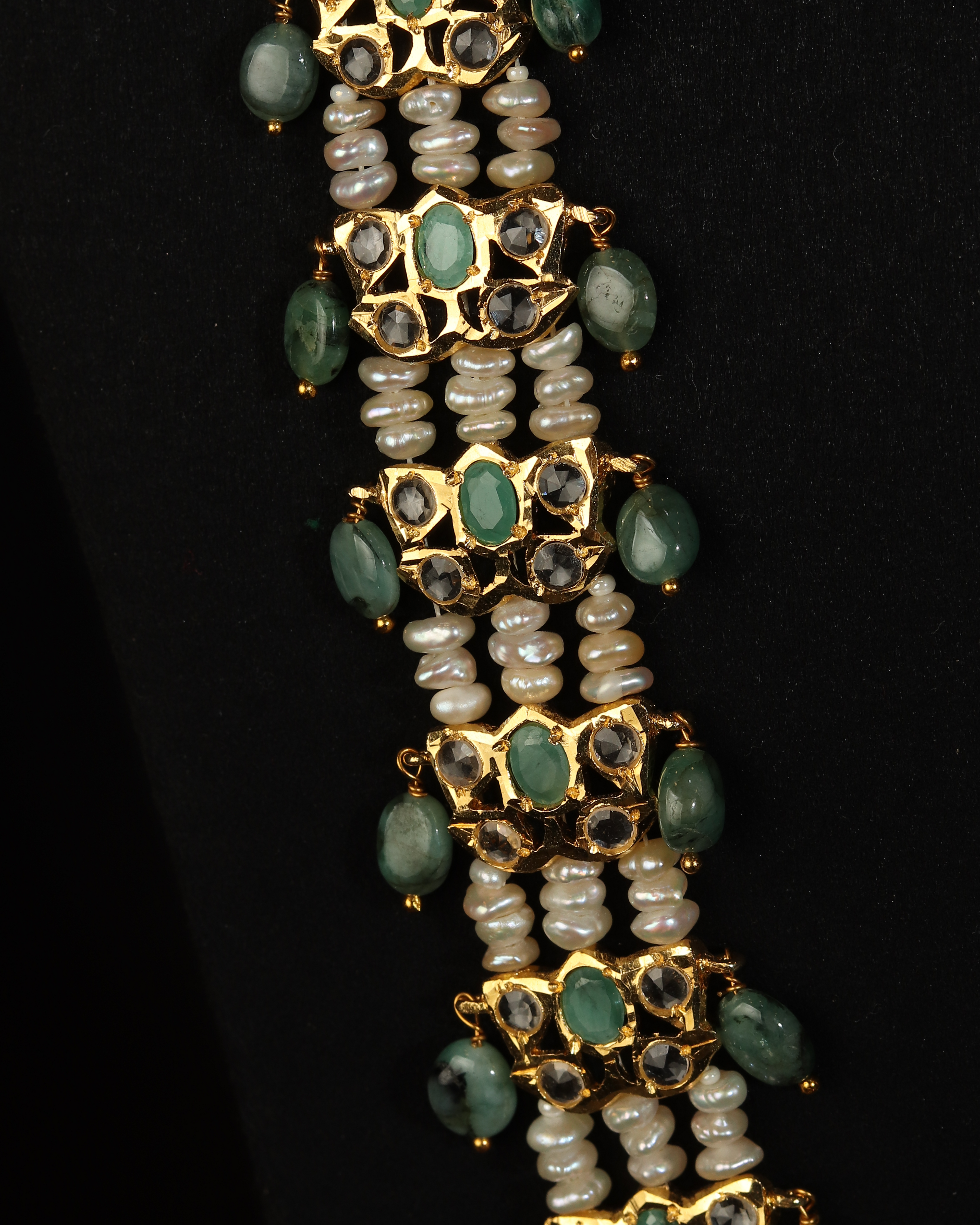 Authentic Asif Jahi Haar & Earring Set – Antique Style Raw Emerald, Pearl, and Polki Grand Necklace