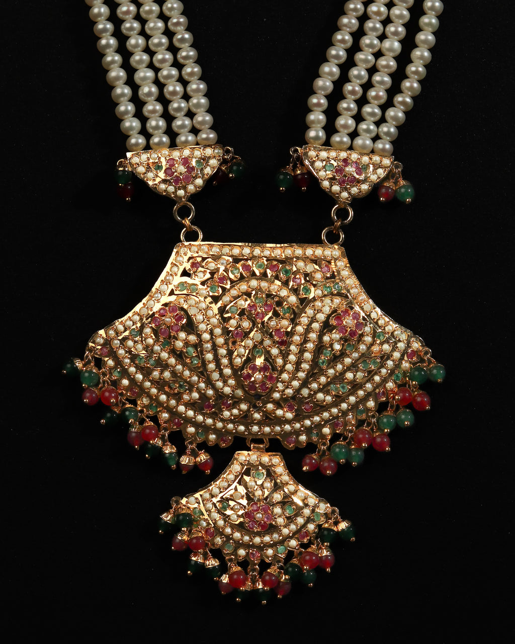 Grand Royal Jadau Real Pearl Haar – Multi-Strand Necklace with Antique Ruby & Emerald Fan Pendant