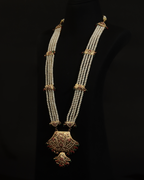 Grand Royal Jadau Real Pearl Haar – Multi-Strand Necklace with Antique Ruby & Emerald Fan Pendant