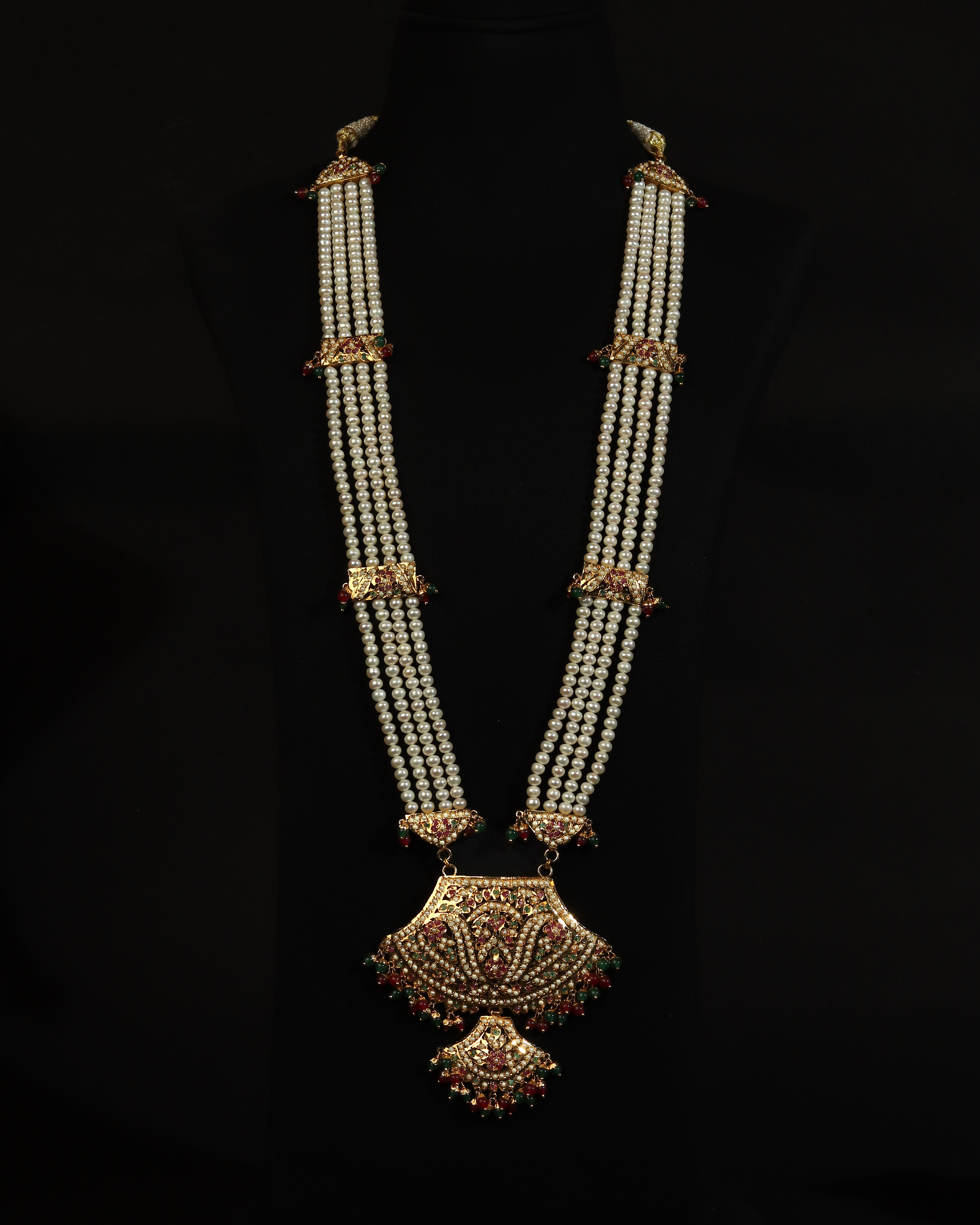 Grand Royal Jadau Real Pearl Haar – Multi-Strand Necklace with Antique Ruby & Emerald Fan Pendant