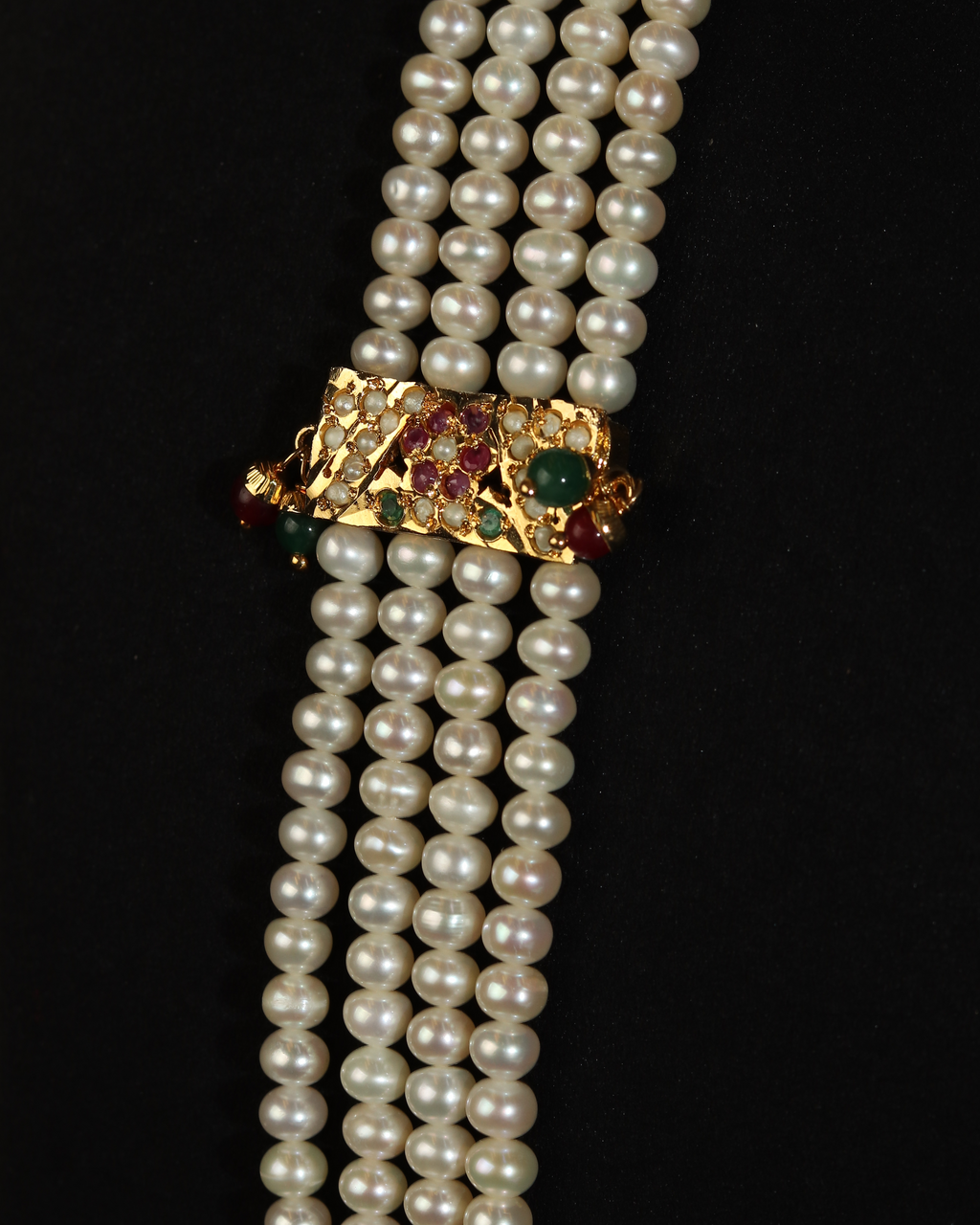 Grand Royal Jadau Real Pearl Haar – Multi-Strand Necklace with Antique Ruby & Emerald Fan Pendant
